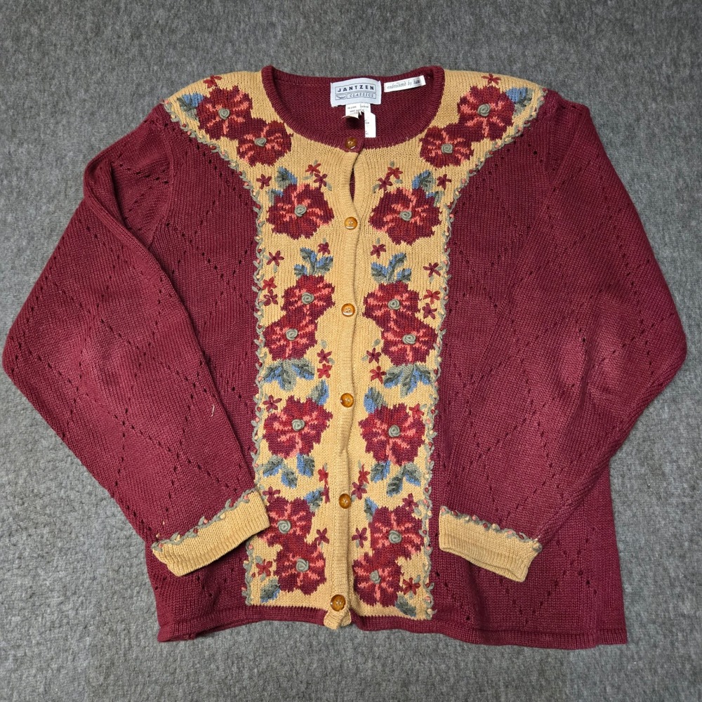 Vintage Jantzen Floral Embroidered Cardigan Sweater Womens Large Red Cottagecore